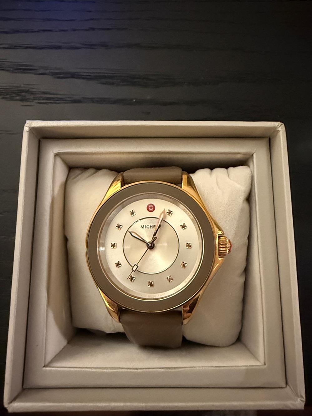 Michele Gold-Tone Watch with Taupe Bezel and Brown Leather Strap